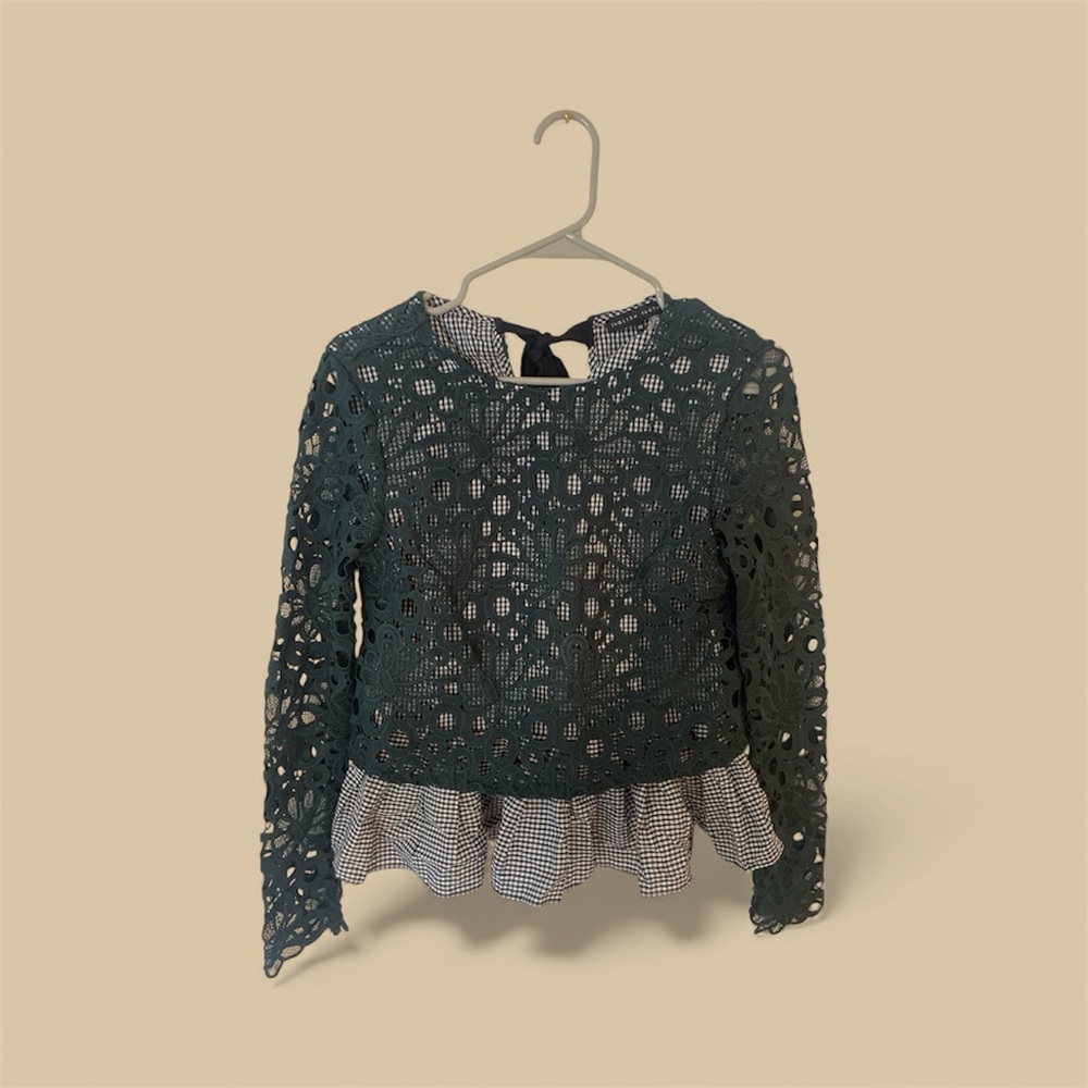 English Factory Green Lace Blouse with Black and White Accents